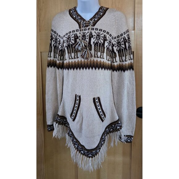 Ecologic Arts Alpaca Poncho hooded Sweater  Beige/Brown boho tribal Aztec Print - Picture 1 of 8
